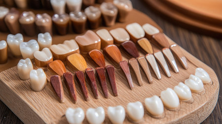 A detailed arrangement of various dental prosthetics and tooth models placed on a wooden palette, ideal for educational demonstrations in dentistry and orthodontics.の素材