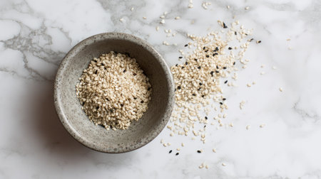 This image captures a rustic bowl filled with raw sesame seeds, showcasing a blend of white and black seeds on a stylish marble countertop.の素材