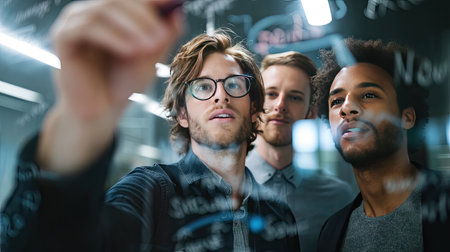 A professional team collaborates in a modern office, analyzing data insights on a glassboard. Their expressions reflect engagement and focus.の素材