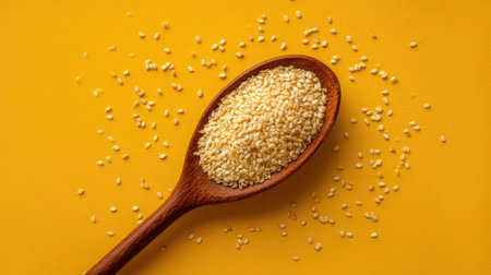 A wooden spoon filled with raw sesame seeds is artfully displayed on a vibrant yellow background, perfect for culinary, food styling, and nutritional themes.の素材