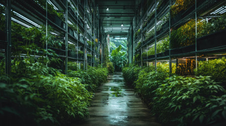 Explore a vibrant indoor garden pathway adorned with lush greenery, offering a serene escape in a modern urban environment, highlighted by natural light.の素材