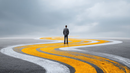 A businessman stands alone on a winding, brightly marked road, symbolizing the choices and opportunities faced in todayの素材