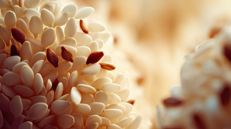 This close-up image showcases delicate white seeds against a soft natural background. The warm tones and intricate details highlight the seeds' texture, inviting a sense of freshness and natural beauty.の素材