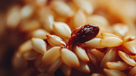 This macro image showcases sesame seeds in varying shades of beige and brown, highlighting their unique textures and natural beauty in a wholesome food context.の素材
