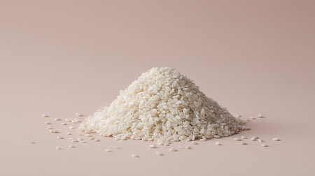 A visually appealing pile of uncooked white sesame seeds set against a soft pink background, ideal for culinary projects, healthy eating concepts, and food photography.の素材