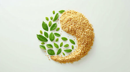 This artistic composition showcases a yin yang symbol created from fresh leaves and organic grains, emphasizing balance in nature and health. Perfect for wellness themes.の素材
