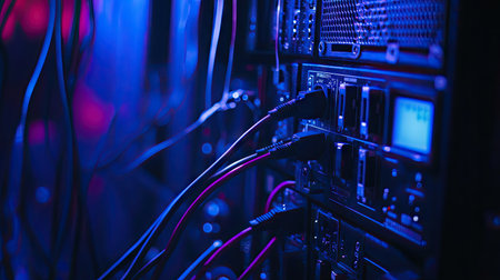 This image showcases a close-up view of electronic equipment with colorful wires and connectors, illuminated by neon blue lighting in a server room environment.の素材
