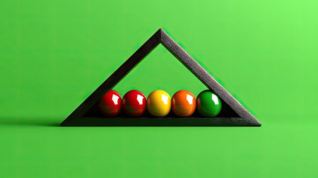 This vibrant image features a creative arrangement of colorful spheres positioned within a triangular wooden frame on a bright green backdrop. Perfect for modern design.の素材