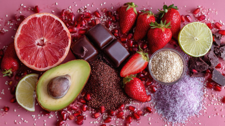 This vibrant flat lay features a delicious mix of fresh fruits like grapefruit, strawberries, and pomegranate alongside healthy ingredients like dark chocolate and oats.の素材