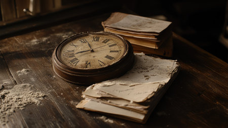 An evocative scene featuring a vintage clock on a weathered wooden table surrounded by old books and yellowed papers, capturing a nostalgic ambiance.の素材