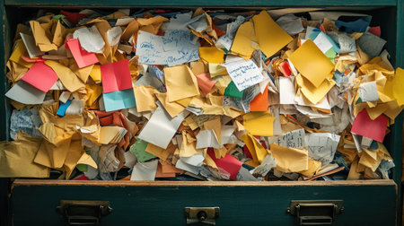 This image features a chaotic assortment of colorful notes and papers piled in an open drawer, showcasing a vibrant and unorganized collection of stationery materials.の素材