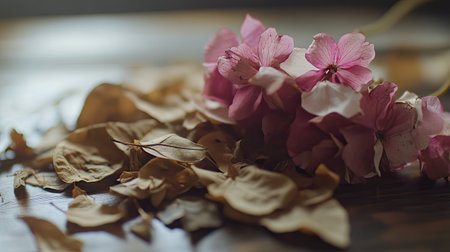 A beautiful arrangement of delicate pink flowers set against a backdrop of dried petals creates a serene, tranquil still life scene, illuminated by soft natural light.の素材