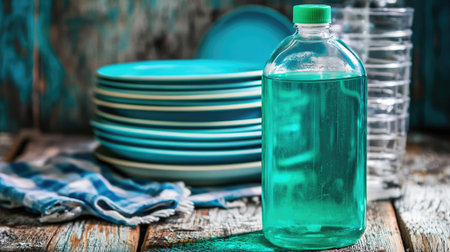 A vibrant green dishwashing liquid bottle sits prominently among blue plates and glassware on a rustic wooden table, showcasing a clean kitchen scene.の素材