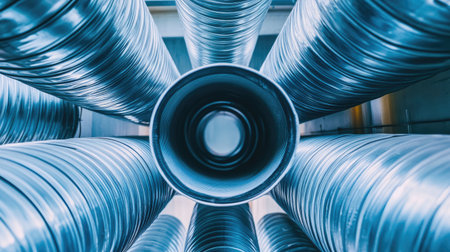 An artistic perspective of metallic pipes arranged in a circular pattern, showcasing modern industrial design in a manufacturing setting with unique reflections.の素材
