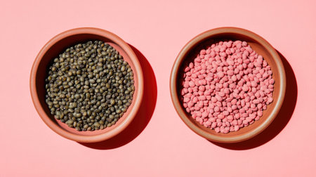 Two round clay bowls filled with contrasting lentils and dried beans showcase vibrant colors against a soft pink background, ideal for culinary use.の素材