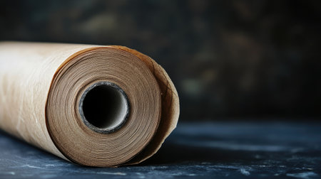 This close-up image showcases a rolled brown craft paper sheet, highlighting its smooth texture and soft focus against a dark background. Ideal for creative projects.の素材