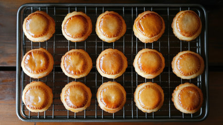A tray of freshly baked pastry treats cools on a wire rack. Each golden brown pastry has a glossy finish, inviting you to enjoy their delightful taste.の素材