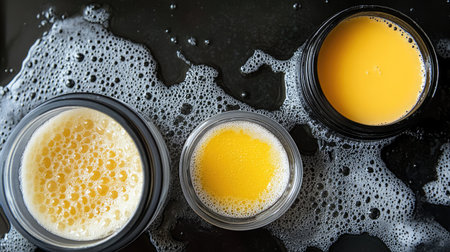 This image features three different glasses of beverages showcasing foam and bubbles on a contrasting dark surface, evoking freshness and vitality.の素材