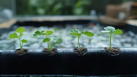 Fresh green seedlings growing in a hydroponic system demonstrate sustainable gardening practices. This image captures the essence of eco-friendly agriculture.の素材