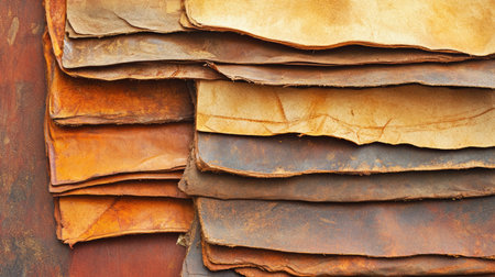 These stacked vintage leather sheets exhibit a rich array of textures and earthy tones, perfect for various craft projects and artistic endeavors.の素材