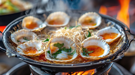 A tantalizing seafood dish featuring scallops cooked on a grill with aromatic herbs and a rich sauce. Perfect for food lovers and culinary enthusiasts.の素材