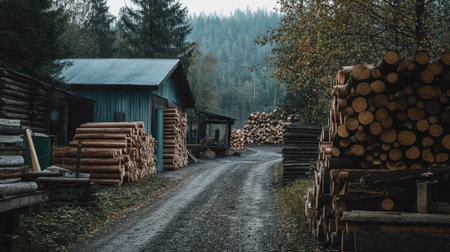 A tranquil rural scene featuring a winding dirt road flanked by stacked logs, leading to a cozy cabin amidst a serene autumn forest backdrop.の素材