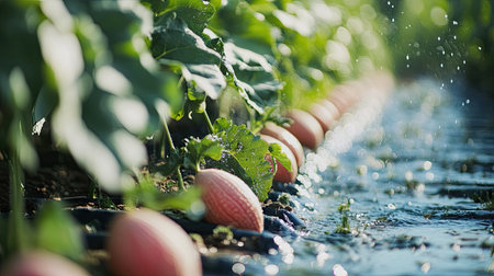 A close view of fresh melons growing in a sunlit garden, with water sprinkling on vibrant green leaves, showcasing agriculture and nature's beauty.の素材