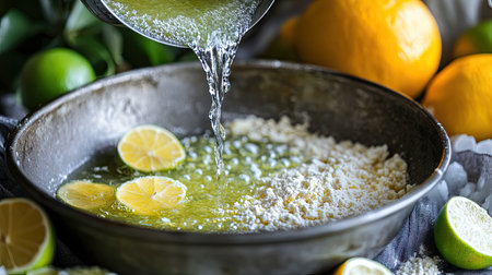 A close-up view of a mixing bowl filled with flour and fresh lemon and lime slices, with water being poured in for a vibrant batter preparation.の素材
