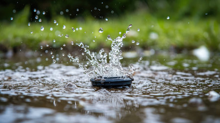 A captivating image showcasing a smartphone creating a splash of water droplets upon landing in a puddle, surrounded by lush green grass, symbolizing the interaction between technology and nature.の素材
