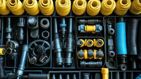 A colorful collection of black and yellow hose accessories, connectors, and tools neatly organized in a storage tray, perfect for outdoor maintenance tasks.の素材