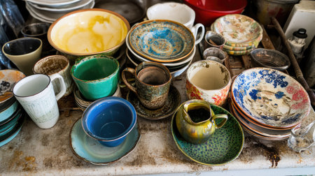 This vibrant arrangement of vintage dishware showcases a variety of colors and patterns, adding charm to any kitchen or dining space. Perfect for creative displays.の素材