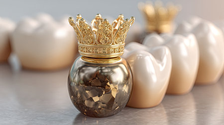 A striking image featuring a gleaming dental crown next to natural human teeth, illustrating modern dental aesthetics and oral health care in a clean, clinical environment.の素材
