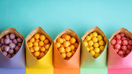 A visually striking arrangement of colorful snack balls in paper bags set against a vibrant background, ideal for event catering and food themes.の素材