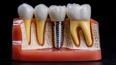High-resolution model of a dental implant with natural teeth, showcasing the detailed structure for educational use in oral health and dentistry programs.の素材
