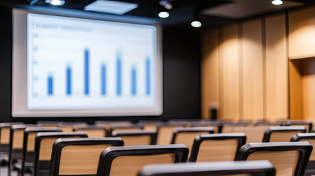 Spacious conference room designed for professional meetings with empty seats and a large screen displaying data charts for analysis and presentations.の素材