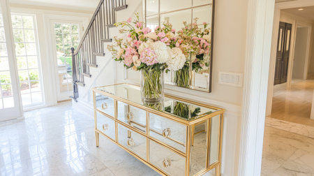 A bright and spacious entryway featuring an elegant mirrored console table adorned with a floral arrangement, creating a warm and inviting atmosphere.の素材