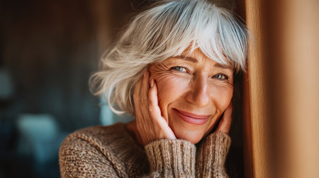 A joyful elderly woman with beautiful silver hair gently resting her hands on her cheeks, radiating warmth and contentment in a cozy indoor setting.の素材