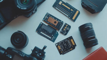 This image showcases an arrangement of camera equipment and intricately designed circuit boards on a clean desk, ideal for photography enthusiasts and technicians.の素材