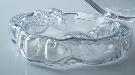 This image showcases a transparent dental retainer case featuring a removable insert designed for orthodontic aligners, perfect for storage and protection.の素材