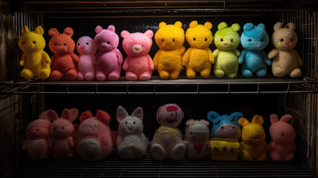 A delightful collection of colorful plush toys arranged on a shelf, illuminated by soft lighting that creates gentle shadows, radiating warmth and nostalgia.の素材