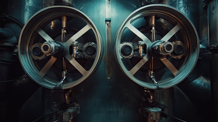 Close-up view of industrial machinery featuring large wheels and mechanical elements, emphasizing technology and engineering within a factory setting.の素材