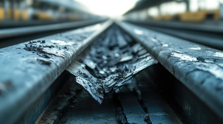 A close-up view of worn train tracks reveals weathered metal and decaying wooden sleepers, showcasing the passage of time in an industrial landscape.の素材