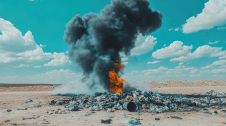 A dramatic scene depicting thick black smoke billowing from a burning pile of trash in a desolate field, showcasing environmental hazards.の素材