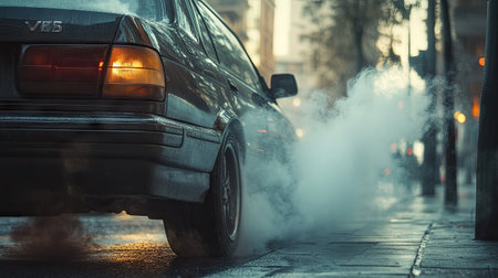 An evocative urban scene featuring a vintage car releasing smoke on a busy city street at dusk, capturing the essence of urban life and environmental concerns.の素材