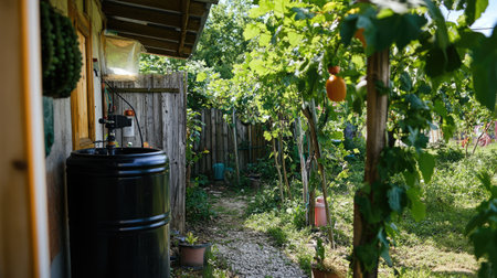 A serene garden pathway framed by lush grapevines and a rainwater collection barrel. This tranquil outdoor scene captures sustainable gardening in a lush environment.の素材