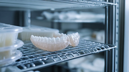 A close-up view of dental models and prosthetics stored on metal shelves in a modern professional lab, showcasing organization and clean design.の素材