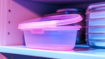 A clear plastic food storage container with a vibrant pink lid, neatly placed on a kitchen shelf, representing modern organization and convenience.の素材