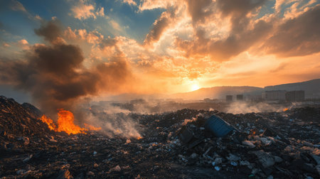 A breathtaking sunset casts warm hues over a smoky landfill scene, where flames emerge amidst piles of waste, highlighting environmental concerns.の素材