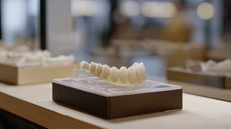 A detailed dental prosthetic model displayed in a contemporary dental laboratory, highlighting modern dentistry practices and aesthetic design.の素材
