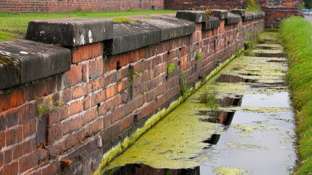A detailed view of an old brick wall bordering a calm waterway, featuring green algae and overgrown grass in a tranquil urban environment.の素材